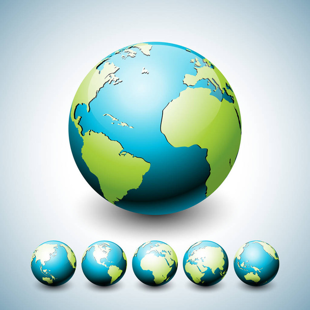 Earth Globe ilustración con planeta en seis variaciones. World map icon or symbol design collection on environment concept (en inglés). Diseño vectorial para pancarta, póster o tarjeta de felicitación
. - Vector, imagen