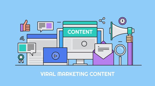 Virales Marketing, Content Marketing auf Internet-Flachlinien-Vektorillustration isoliert auf blauem Hintergrund - Vektor, Bild