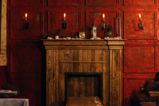 cozy atmospheric interior with fireplace in restaurant - Foto, Imagem