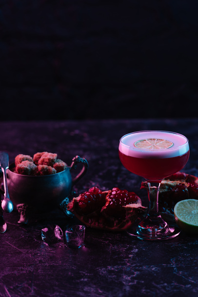 close-up view of delicious conchita cocktail in glass with ingredients  - 写真・画像