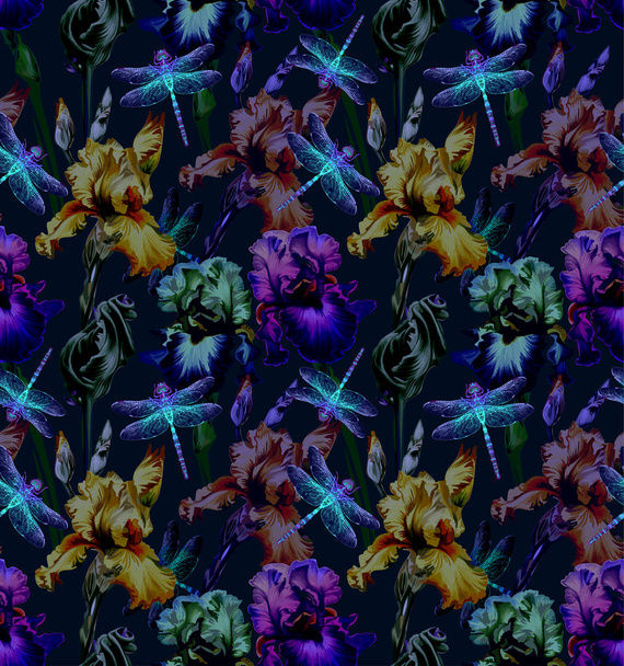 Dragonfly and Flowers. Seamless Pattern. Dark blue backgrounds. Summer night. - Vektor, Bild