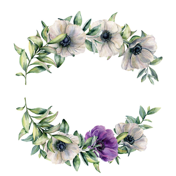 水彩支店のバイオレット、白いアネモネと葉。手描きの白、紫の花と白い背景に分離されたユーカリの葉。デザイン、ファブリックまたは背景の植物図. - 写真・画像