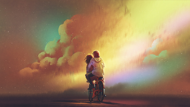 couple amoureux à vélo contre ciel nocturne avec des nuages colorés, style art numérique, peinture d'illustration
 - Photo, image