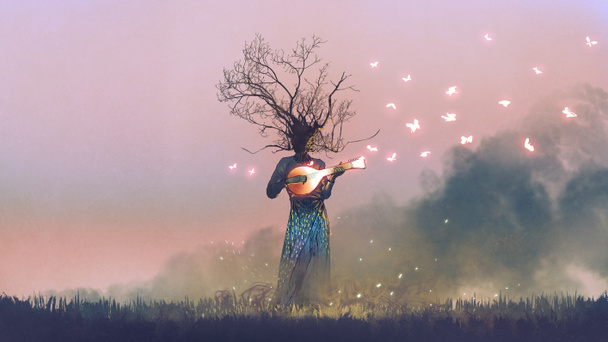 créature avec tête de branche jouant de la magie instrument à cordes banjo avec des papillons lumineux, style d'art numérique, peinture d'illustration
 - Photo, image