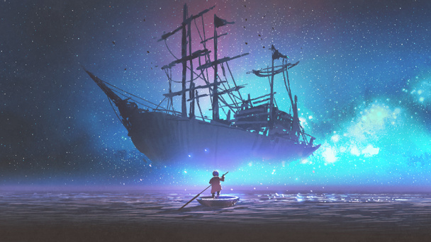 Kleiner Junge, der ein Boot im Meer rudert und das am Sternenhimmel schwimmende Segelschiff betrachtet, digitale Kunst, Illustrationsmalerei - Foto, Bild