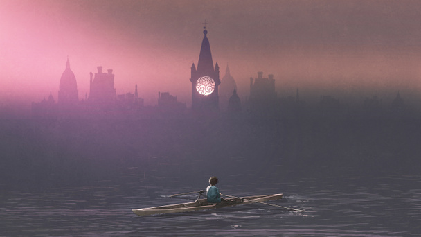 Junge rudert ein Boot im Meer und Nebel mit alten Burgen im Hintergrund, digitale Kunst Stil, Illustrationsmalerei - Foto, Bild