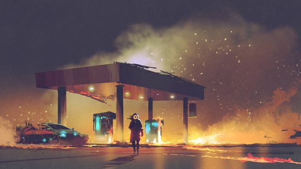 сцена чоловіка, що горить на автозаправці вночі, стиль цифрового мистецтва, ілюстрація живопису
 - Фото, зображення
