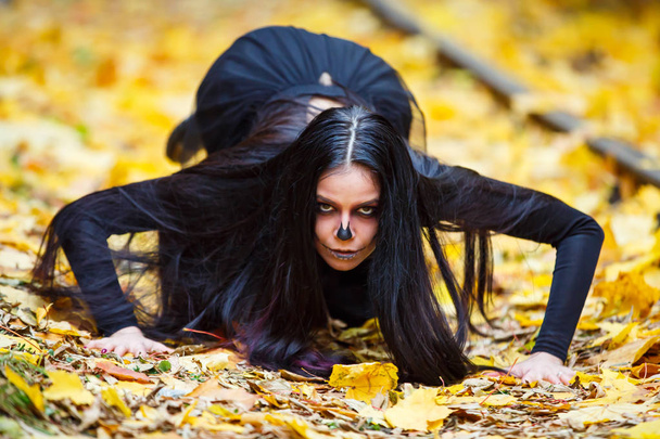 young woman dressed halloween costume in autumn forest - Photo, Image