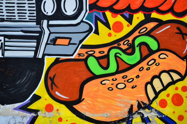 Yksityiskohtainen kuva graffitista. Käsitteellinen katutaide tausta hot dogin kanssa
 - Valokuva, kuva