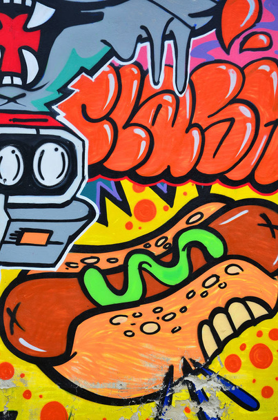Детальне зображення графіті. Концептуальний фон вуличного мистецтва з хот-догом
 - Фото, зображення
