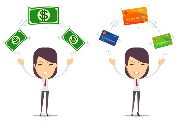 Woman with a credit card and cash - Vector, Image