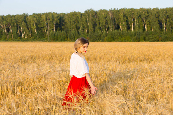 Chica encantadora en un traje tradicional paseos por el campo de cereales
 - Foto, imagen