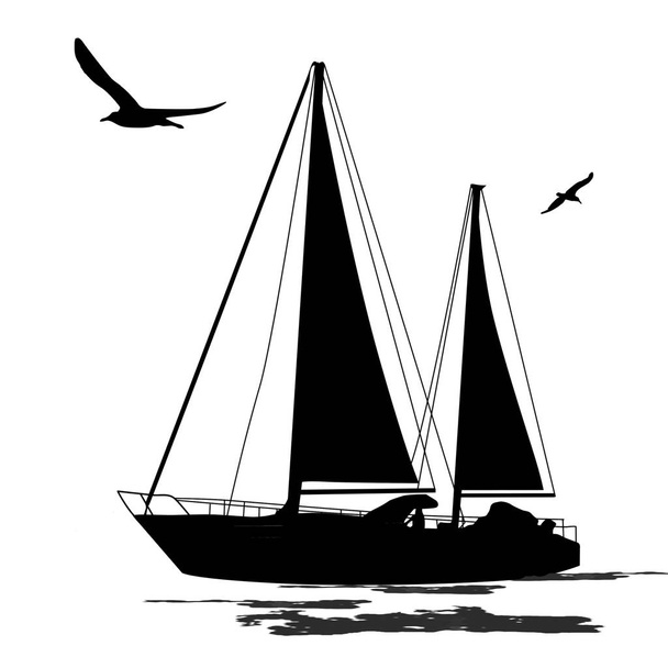 Sailing boat silhouette with birds - Vector, Image