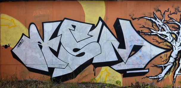 Una fotografía de una obra de arte de pared detallada. El dibujo de graffiti está hecho con pintura blanca con contornos negros y tiene un fondo naranja monofónico. Textura de pared con decoración de graffiti
 - Foto, Imagen