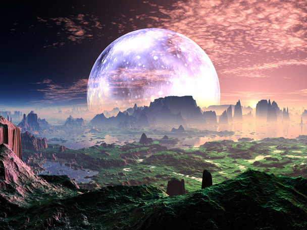 Amanecer en un planeta idílico parecido a la Tierra
 - Foto, Imagen