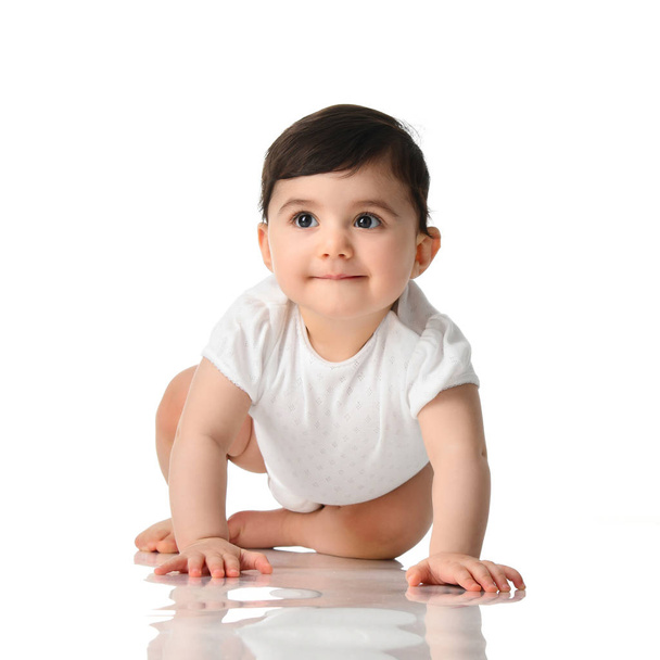 9 month infant child baby  girl toddler sitting in white shirt isolated - Fotó, kép