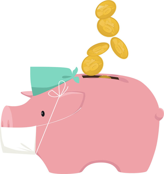 Piggy bank em uma tampa de esfregaço e máscara cirúrgica com moedas que caem como uma metáfora para o investimento em cuidados de saúde
 - Vetor, Imagem