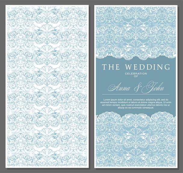 greeting, invitation, wedding, postcard in the style of vintage, baroque, rococo, renaissance. With a classic floral ornament in the form of lace. Colors white and light blue - Vector, Image