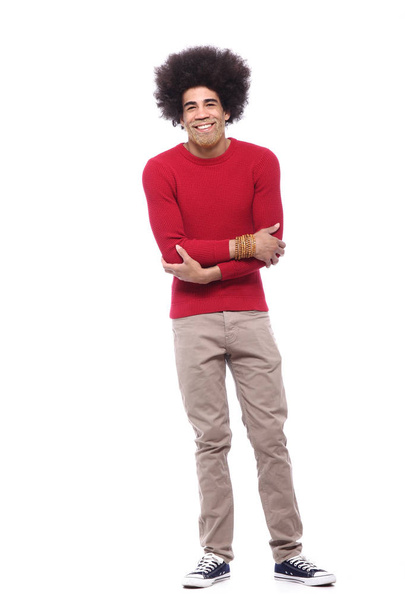 Happy afro man in front of a white background - Foto, Imagen