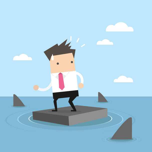 Businessman standing on briefcase In the sea and surrounded by sharks. - Vector, Image