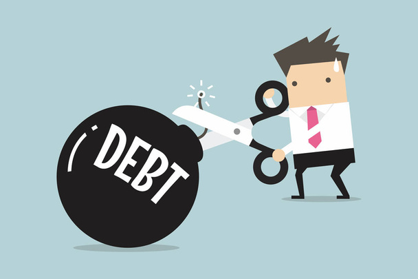 Vágás adósságot bomba, üzletember kezében ollót, hogy csökkentsék az adósság. - Vektor, kép