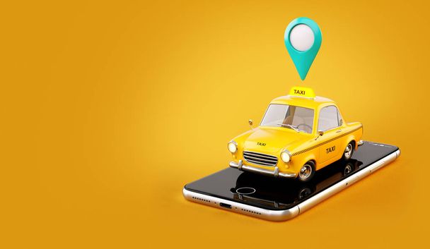 Smartphone application of taxi service for online searching calling and booking a cab. Unusual 3D illustration of taxi cab on smart phone. - Fotografie, Obrázek