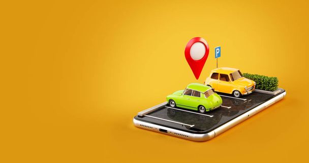 Unusual 3d illustration os smartphone application for online searching free parking place on the map. Parking and car sharing concept - Foto, imagen
