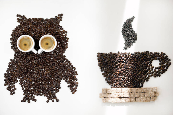 búho de granos de café y una taza de café, pausa para el café
. - Foto, imagen
