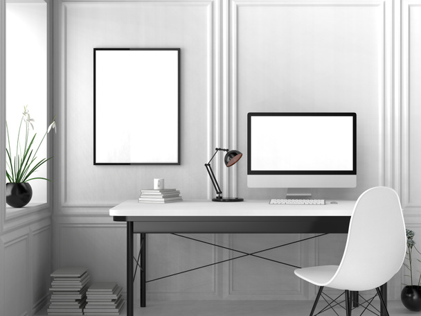 Espacio de trabajo moderno, pantalla de computadora aislada y maqueta de marco. 3D
 - Foto, Imagen