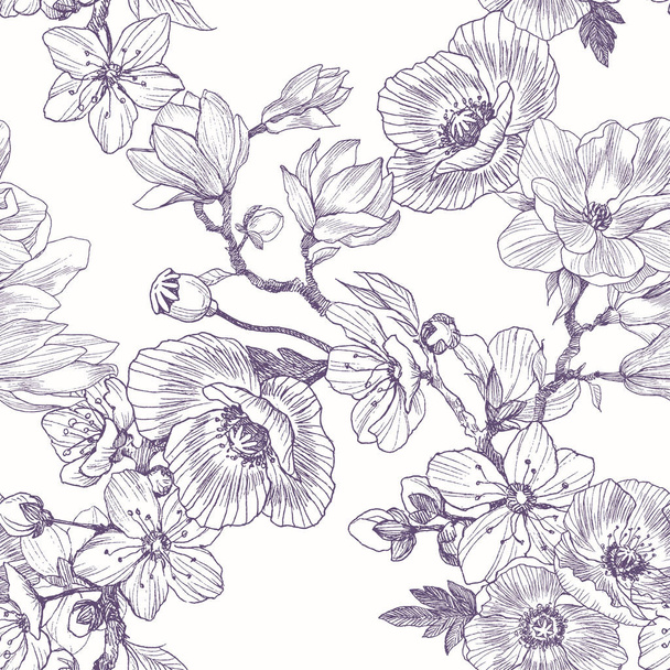 Different beautiful flowers seamless pattern. Vintage botanical hand drawn illustration. Spring flowers of apple or cherry tree, magnolia, poppy - Vector, Imagen