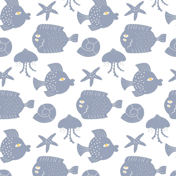 Seamless pattern with cartoon fishes.  - Вектор,изображение