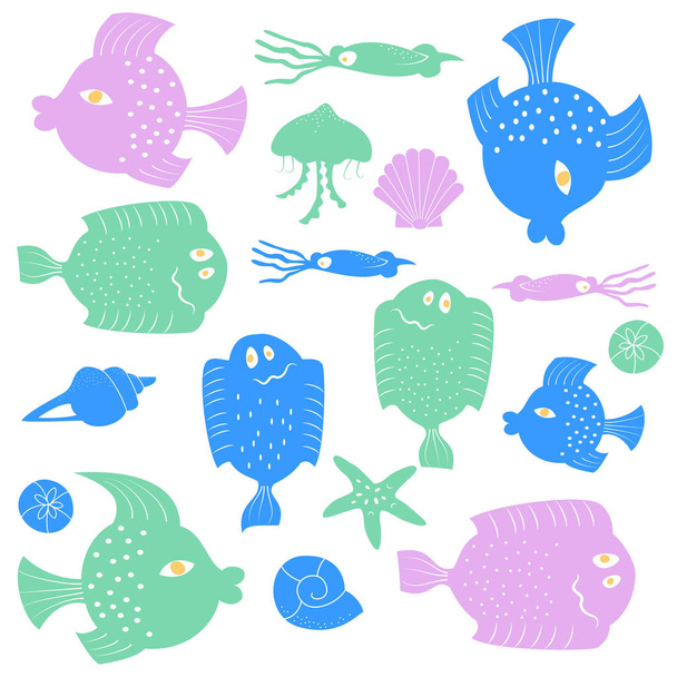 Set of colorful cartoon fishes.  - Vector, afbeelding