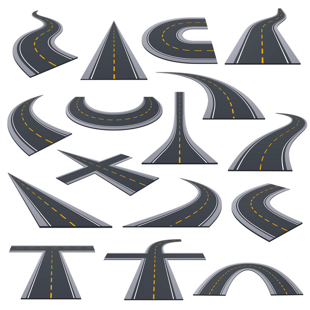 Set di vari tipi di strade asfaltate, binari, autostrade, curve
. - Vettoriali, immagini