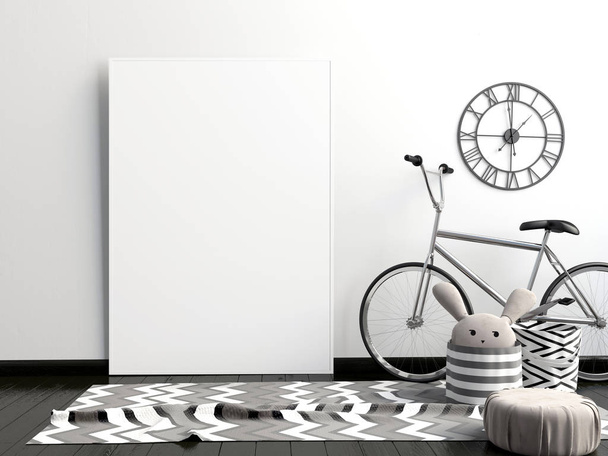 Μοντέρνο εσωτερικό με αφίσες και ποδηλάτων. αφίσα ομοίωμα. 3D il - Φωτογραφία, εικόνα