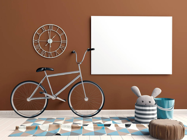 Modern interior with  posters and bicycle. poster mock up. 3D il - Photo, Image