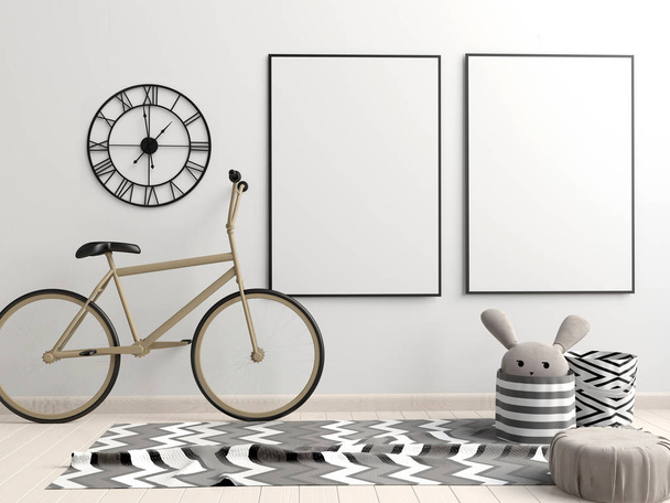 Modernes Interieur mit Plakaten und Fahrrad. Plakat-Attrappe. 3d il - Foto, Bild