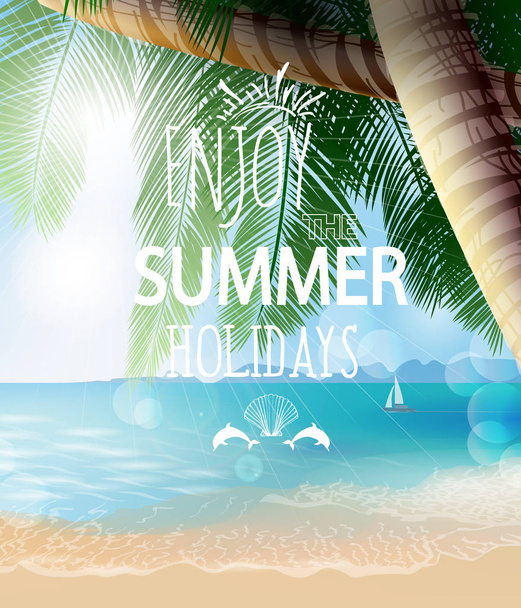 Summer holidays vector illustration. Beach, palm trees beautiful panoramic sea view, with clean water blue sky. Template Vector - Vettoriali, immagini