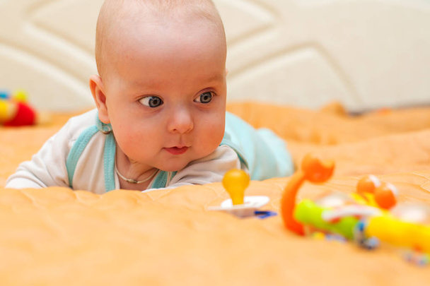the baby lies on his tummy and watches the toys - 写真・画像