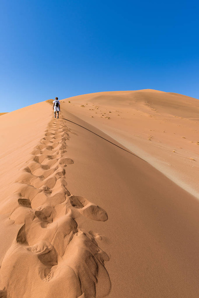 Tourist walking on the scenic dunes of Sossusvlei, Namib desert, Namib Naukluft National Park, Namibia. Adventure and exploration in Africa. - Photo, Image