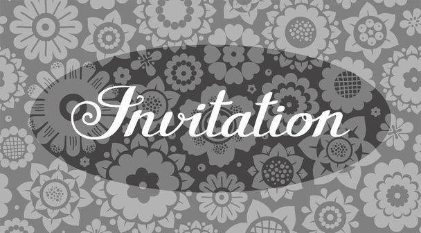Invitation, floral background, grey, vector, English. Invitation to the event. On a gray floral background white English inscription. Vector image.  - Вектор,изображение