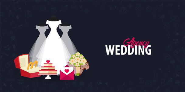 Flat Wedding agency banner with hand draw doodle on a background. Vector illustration. - Vector, imagen