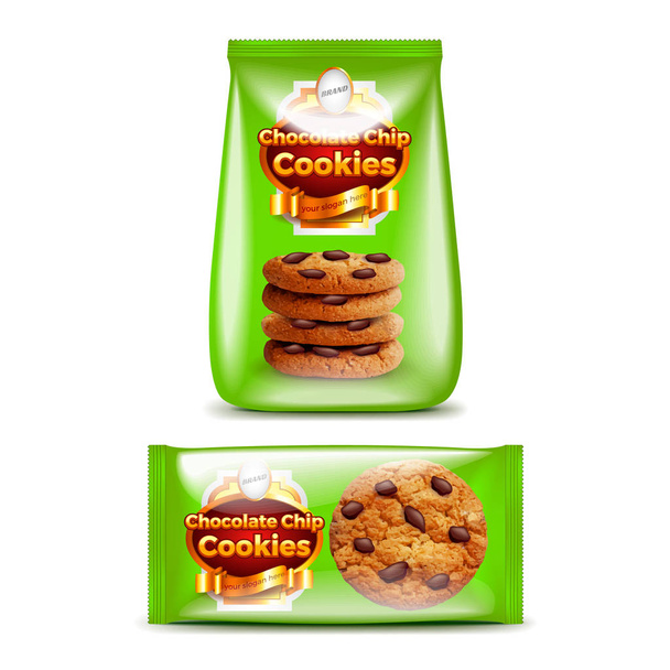 Chocolate chip cookies packaging 3d realistic vector - Vector, Image