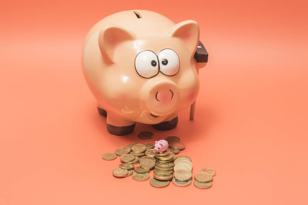 Savings concept. Micro Piggy Bank and euro coins Money concept. - Photo, Image