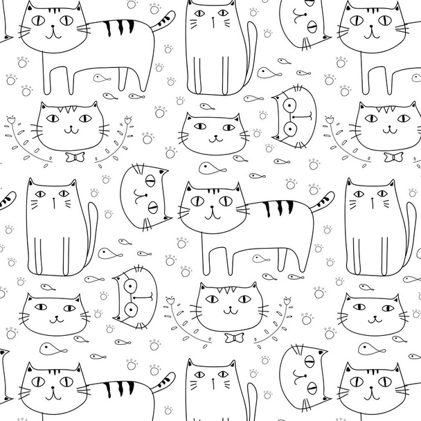 Hand Drawn Cats Vector Pattern Background. Doodle Funny. Handmade Vector Illustration. - ベクター画像