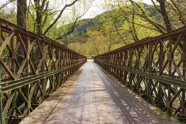 A metallic bridge across a mountain river. - Foto, imagen