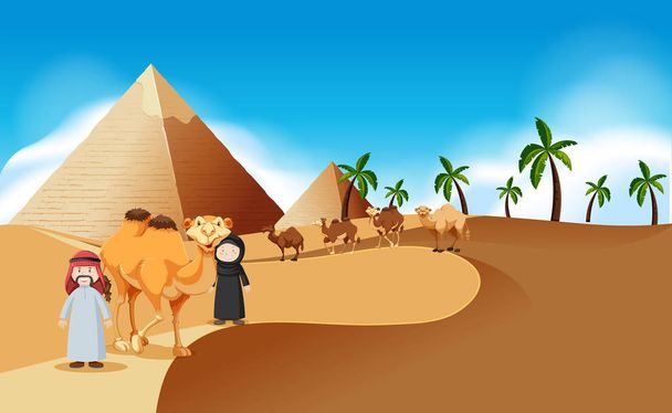 Сцена в пустыне с пирамидами и верблюдами
 - Вектор,изображение