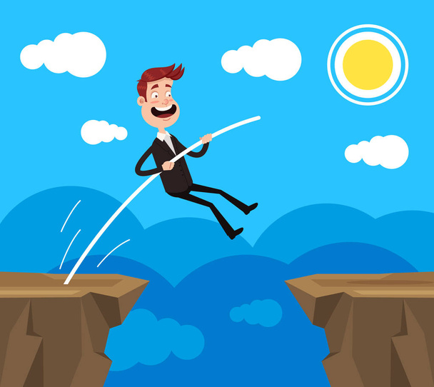 Brave office worker businessman character jumping over precipice rock. Business risk challenge career achievement concept. Vector flat cartoon graphic design illustration - Wektor, obraz