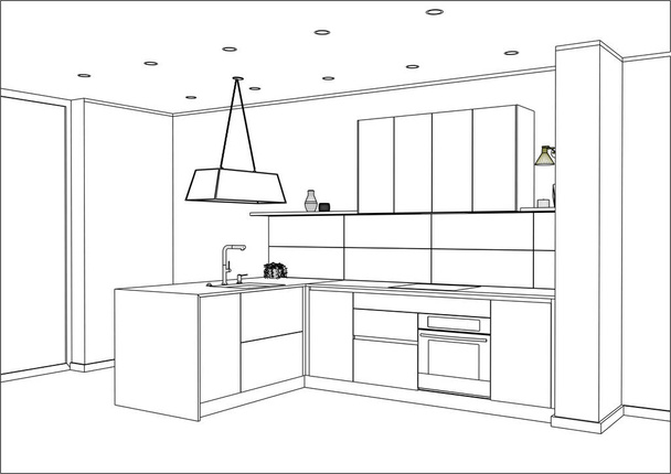 3D διάνυσμα σκίτσο. Σύγχρονο σχέδιο κουζινών σπίτι εσωτερικό.  - Διάνυσμα, εικόνα