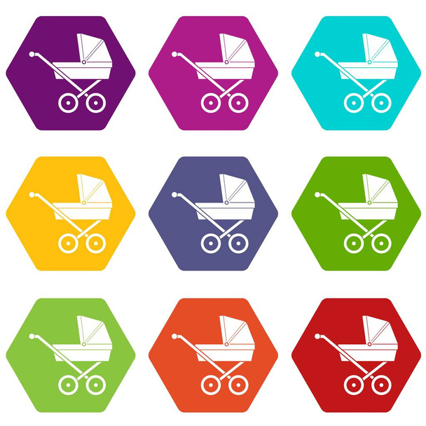 Baby carriage icon set color hexahedron - Vetor, Imagem