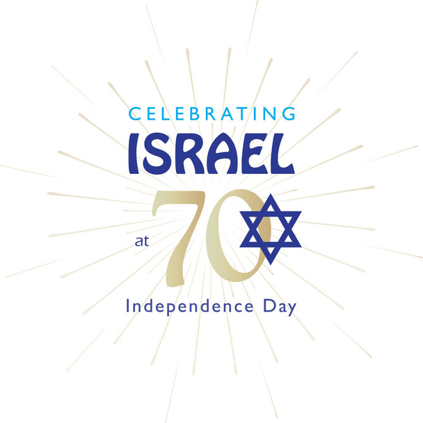 Israël 70 verjaardag, Independence Day, 2018, kalligrafie tekst feestelijke groet poster, Joodse vakantie, Jeruzalem banner met Israëlische blauwe ster, vuurwerk, vector moderne design behang. 1948-2018 vieren - Vector, afbeelding